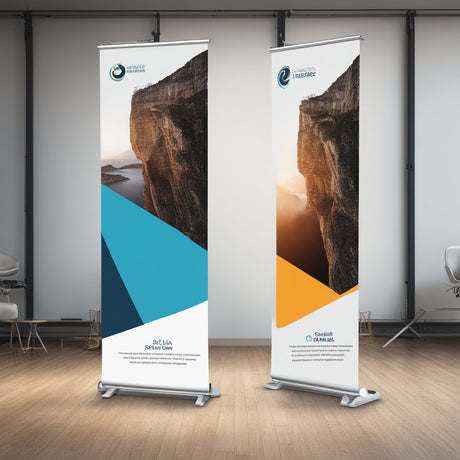 Two vertical sign installation banner stands side by side