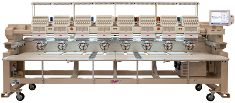 Embroidery Machine with various colorful rolls of thread on top.