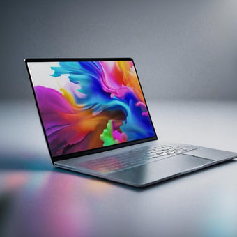 Laptop with colorful wisping image on screen