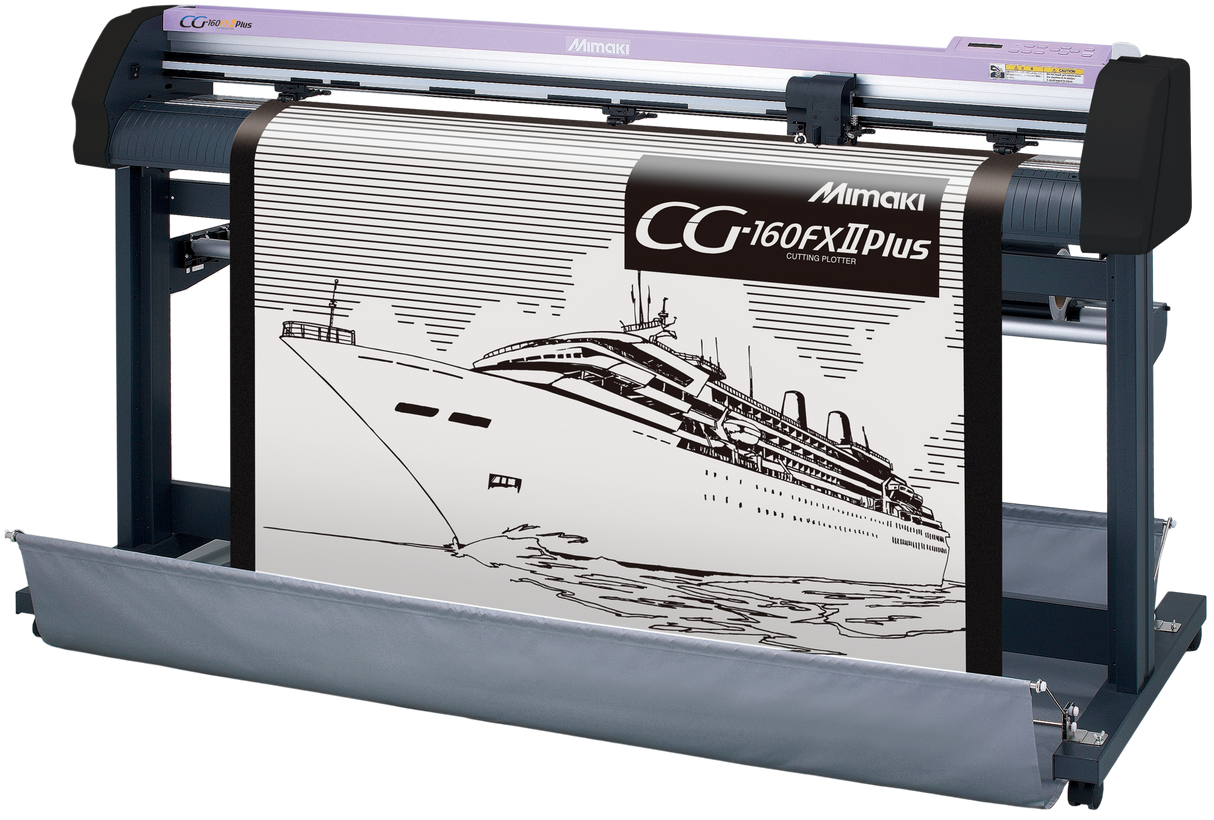 Mimaki CG-160FX II Plus vinyl cutter with a design of a cruise ship on the bed.