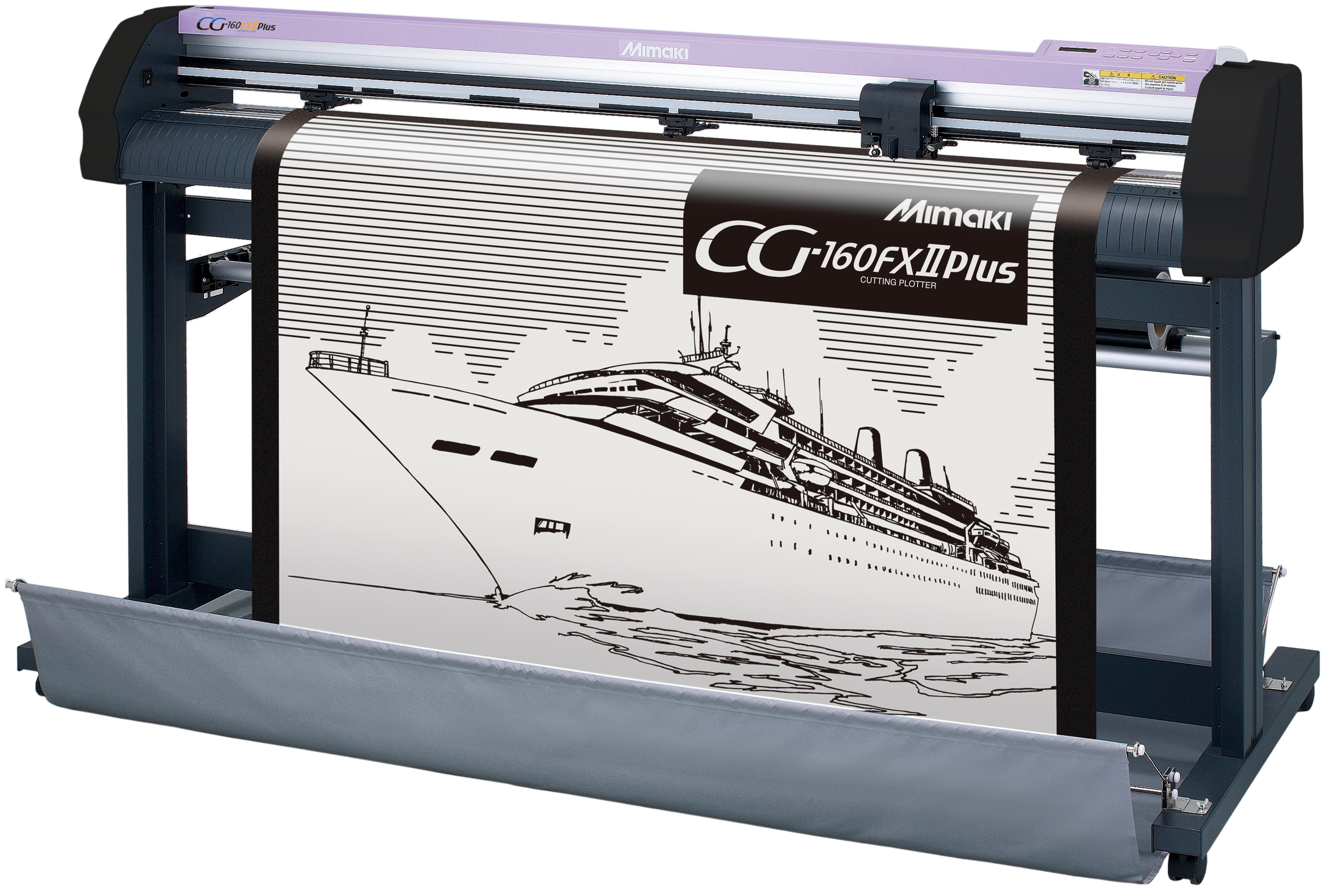 Mimaki CG-160FX II Plus vinyl cutter with a design of a cruise ship on the bed.