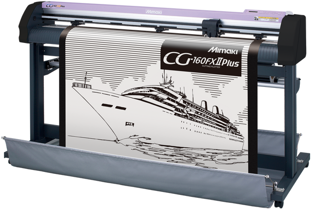 Mimaki CG-160FX II Plus vinyl cutter with a design of a cruise ship on the bed.