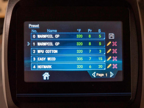 SilverBolt 1620SA Swing-Arm Heat Press Control Pane Pre-Set Settings