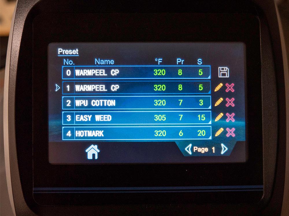 SilverBolt 1620SA Swing-Arm Heat Press Control Panel Presets