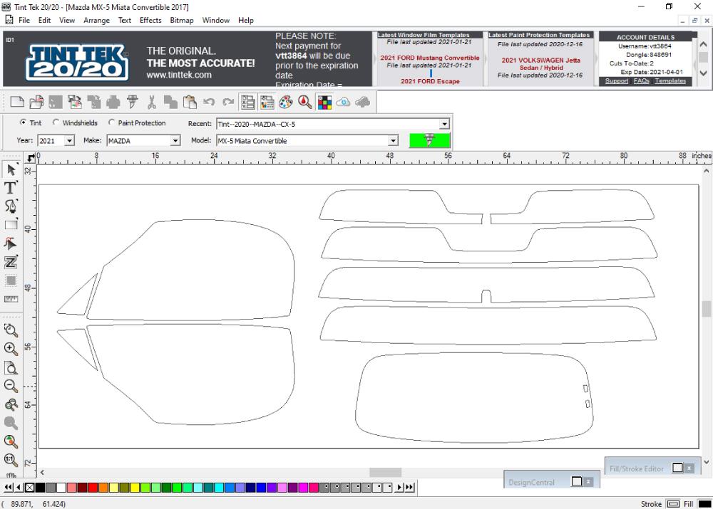 Tint Tek 20/20 Window Film Cutting Software Template Sample