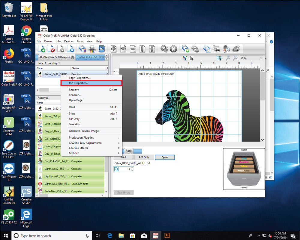 UNINET IColor PRORIP Software Screen Sample when in use
